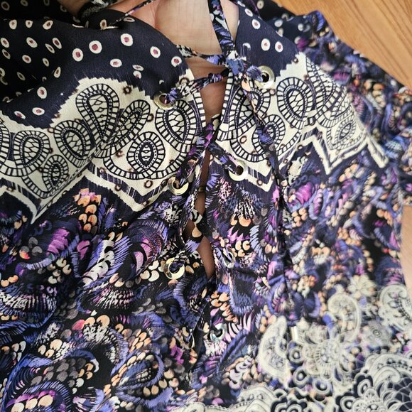 Saloni 100% Silk 3/4 Sleeves Lace Up Plunge Boho Tunic Mini Dress, US 4 - Picture 5 of 9